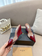 ALAIA 26S HIGH-HEEL WEDGE MULES 95 MM IN DARK RED GLOSSY CALFSKIN