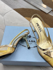 PRADA 25S TRIANGLE LOGO SLINGBACK PUMPS IN GOLD MESH FABRIC
