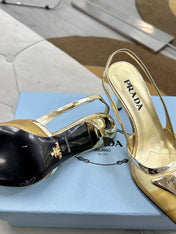 PRADA 25S TRIANGLE LOGO SLINGBACK PUMPS IN GOLD MESH FABRIC