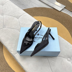 PRADA 25S TRIANGLE LOGO SLINGBACK PUMPS IN BLACK MESH FABRIC