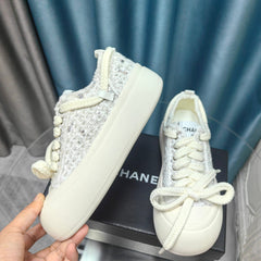 THICK-SOLED SHOES IN BEIGE CREAM WOVEN TWEED