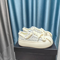 THICK-SOLED SHOES IN BEIGE CREAM WOVEN TWEED