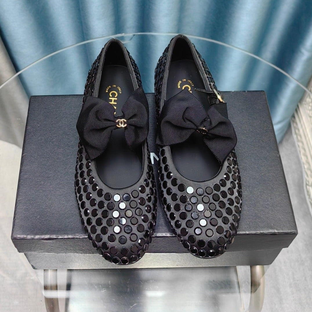 MARY JANE BOW RHINESTONE BLACK SILK