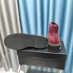 SHORT BOOTS IN MAGENTA PURPLE SUEDE AND BLACK SHEEPSKIN