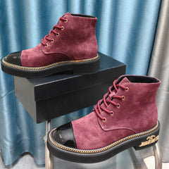 SHORT BOOTS IN MAGENTA PURPLE SUEDE AND BLACK SHEEPSKIN