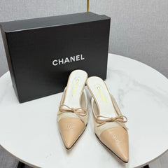 CC HEEL MULES 25S IN BEIGE MESH FABRIC AND LAMBSKIN WITH BOW
