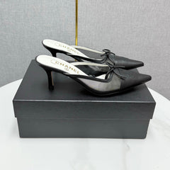 CC HEEL MULES 25S IN BLACK MESH FABRIC AND LAMBSKIN WITH BOW