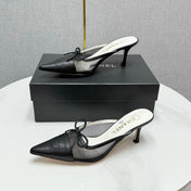 CC HEEL MULES 25S IN BLACK MESH FABRIC AND LAMBSKIN WITH BOW