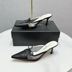 CC HEEL MULES 25S IN BLACK MESH FABRIC AND LAMBSKIN WITH BOW
