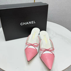CC HEEL MULES 25S IN PINK AND WHITE LAMBSKIN WITH BOW