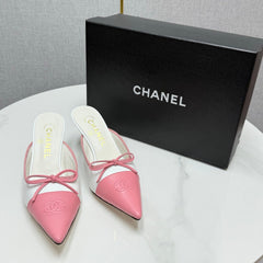 CC HEEL MULES 25S IN PINK AND WHITE LAMBSKIN WITH BOW