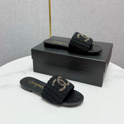 CC SLIDE SANDALS 25S IN BLACK FABRIC AND CALFSKIN WITH LOGO