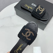 CC SLIDE SANDALS 25S IN BLACK FABRIC AND CALFSKIN WITH LOGO
