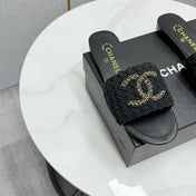 CC SLIDE SANDALS 25S IN BLACK FABRIC AND CALFSKIN WITH LOGO