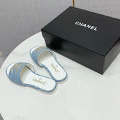 CC SLIDE SANDALS 25S IN SKY BLUE DENIM AND WHITE CALFSKIN WITH LOGO