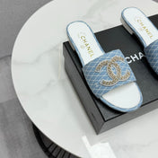 CC SLIDE SANDALS 25S IN SKY BLUE DENIM AND WHITE CALFSKIN WITH LOGO