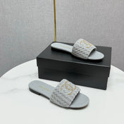 CC SLIDE SANDALS 25S IN DUSTY BLUE GREY FABRIC AND CALFSKIN WITH LOGO