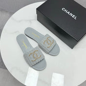CC SLIDE SANDALS 25S IN DUSTY BLUE GREY FABRIC AND CALFSKIN WITH LOGO