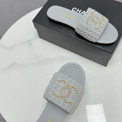 CC SLIDE SANDALS 25S IN DUSTY BLUE GREY FABRIC AND CALFSKIN WITH LOGO