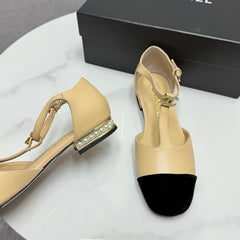 CC MARY JANE 25S IN BEIGE LAMBSKIN AND BLACK SUEDE WITH PEARL HEEL