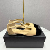 CC MARY JANE 25S IN BEIGE LAMBSKIN AND BLACK SUEDE WITH PEARL HEEL