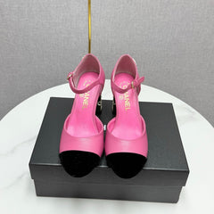 CC MARY JANE HEELS 25S IN PINK LAMBSKIN AND BLACK SUEDE WITH PEARL HEEL STYLE 1