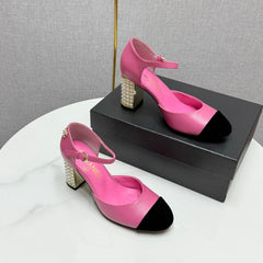 CC MARY JANE HEELS 25S IN PINK LAMBSKIN AND BLACK SUEDE WITH PEARL HEEL STYLE 1