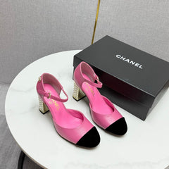 CC MARY JANE HEELS 25S IN PINK LAMBSKIN AND BLACK SUEDE WITH PEARL HEEL STYLE 1