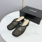 CHANEL 26S MESH HIGH HEEL MULES IN BLACK LAMBSKIN