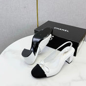 CHANEL 26S SLINGBACK HEELS 45 MM IN WHITE LAMBSKIN AND BLACK FABRIC