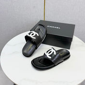 CHANEL 26S CC THONG SLIDES IN BLACK LAMBSKIN