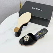 CHANEL 26S WEDGE HEELS IN BLACK LAMBSKIN WITH CC PEARL EMBELLISHED