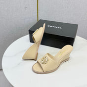 CHANEL 26S WEDGE HEELS IN BEIGE LAMBSKIN WITH CC PEARL EMBELLISHED