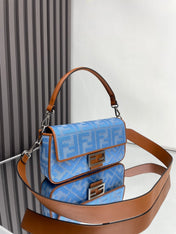 Fend Baguette Blue Brown Canvas Bag 27 with FF Embroidery Ghw
