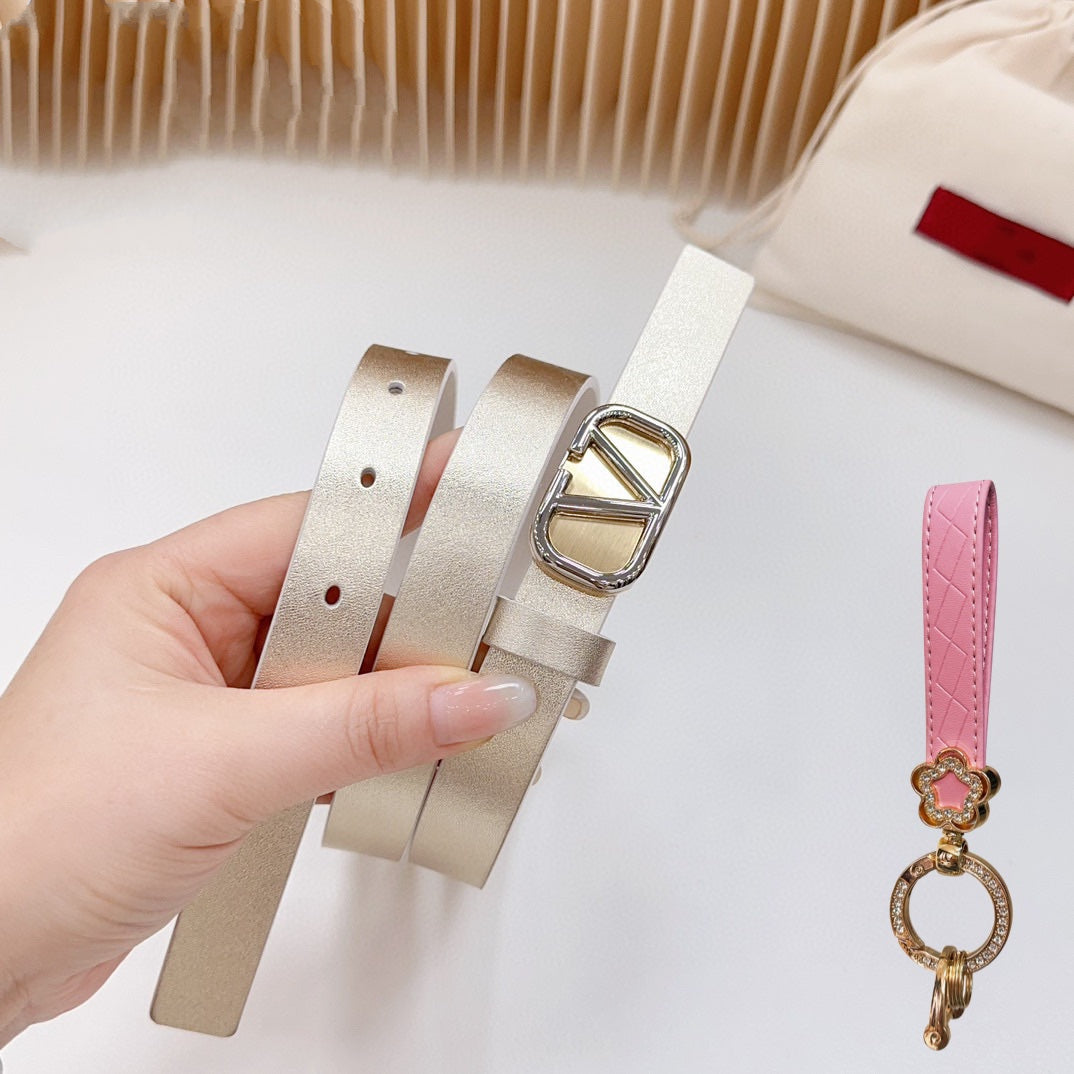 Gold Vlogo and Silver Hardware Buckle Gold White Calfskin 20mm