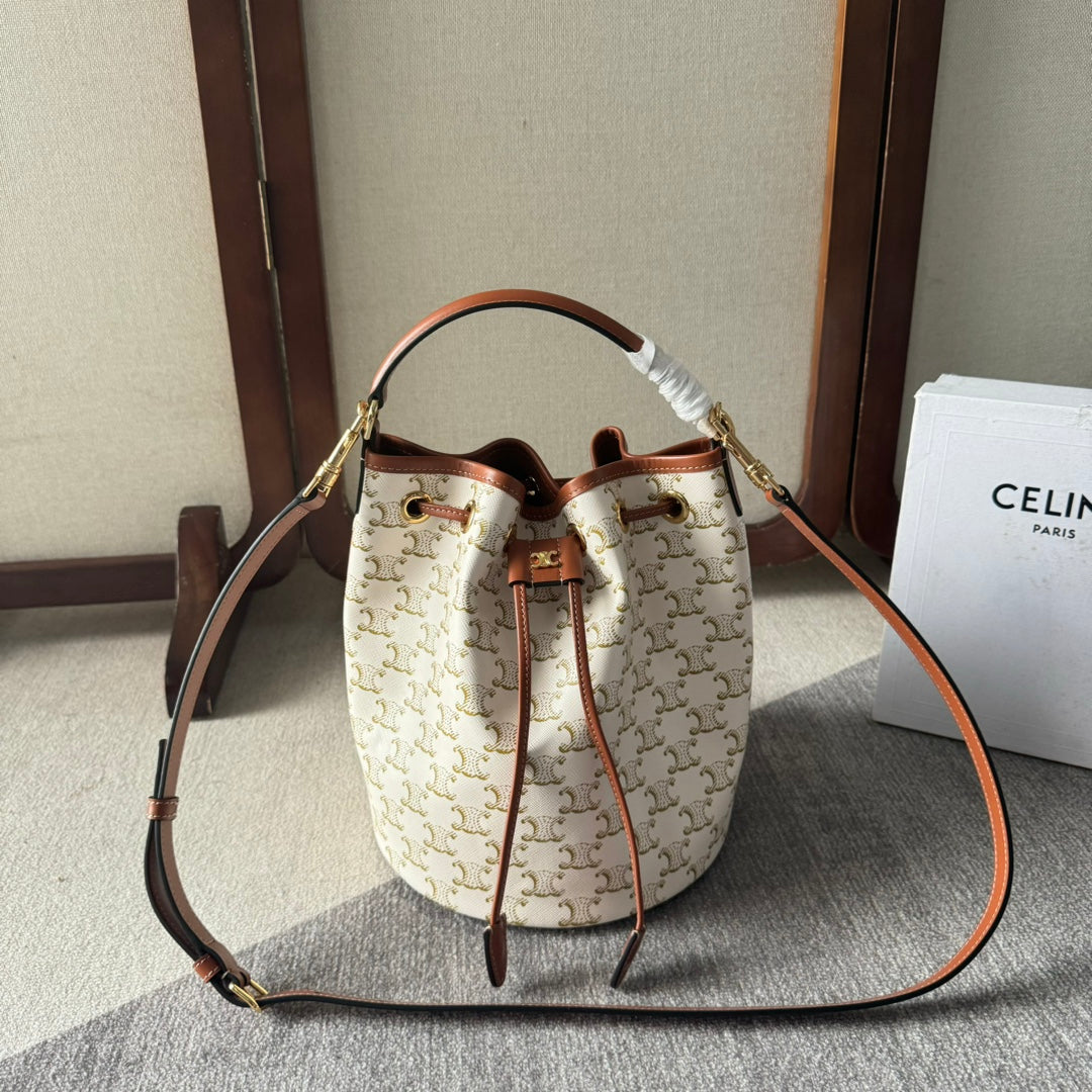CLARA BAG 24 IN WHITE TRIOMPHE CANVAS AND BROWN CALFSKIN TRIM