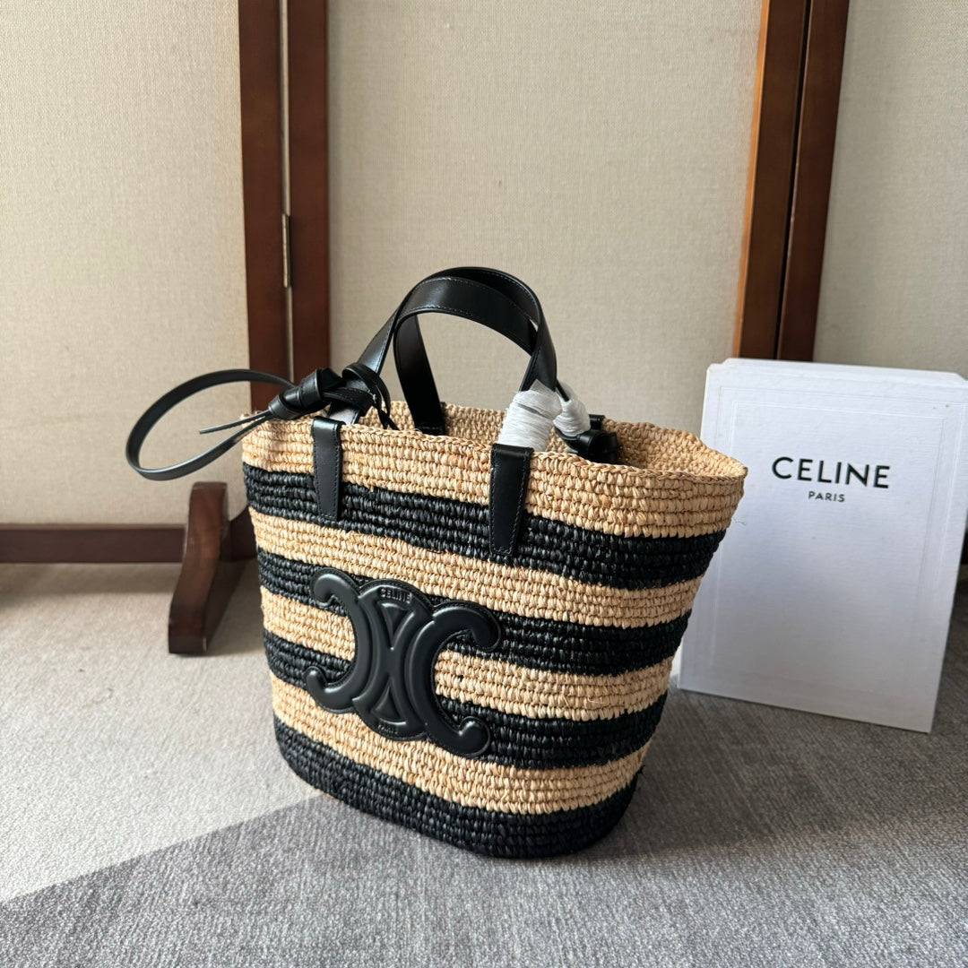 STRIPED COUFFIN CLASSIC PANIER 22 IN BEIGE AND BLACK RAFFIA AND CALFSKIN TRIM