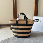 STRIPED COUFFIN CLASSIC PANIER 22 IN BEIGE AND BLACK RAFFIA AND CALFSKIN TRIM