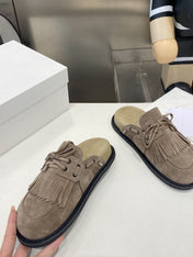 THE ROW 26S FRINGE LACE UP MULES IN TAUPE BROWN SUEDE