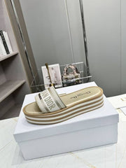 CD DWAY PLATFORM SLIDE IN SAGE GREEN AND WHITE COTTON STRIPED SOLE