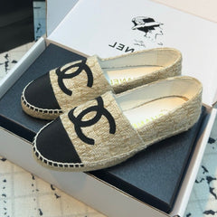 ESPADRILLES LOAFERS IN BEIGE TWEED AND BLACK SATIN