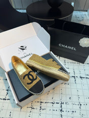 ESPADRILLES LOAFERS IN METALIC GOLD TWEED AND BLACK SATIN