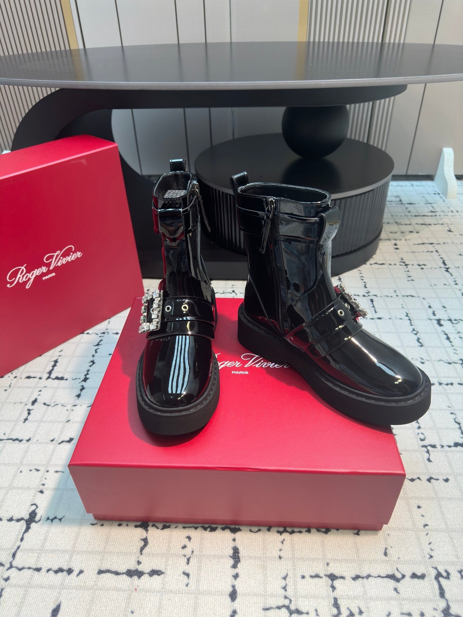 VIV' RANGERS BIKER BOOTIES IN BLACK PATENT CALFSKIN WITH METAL BUCKLE