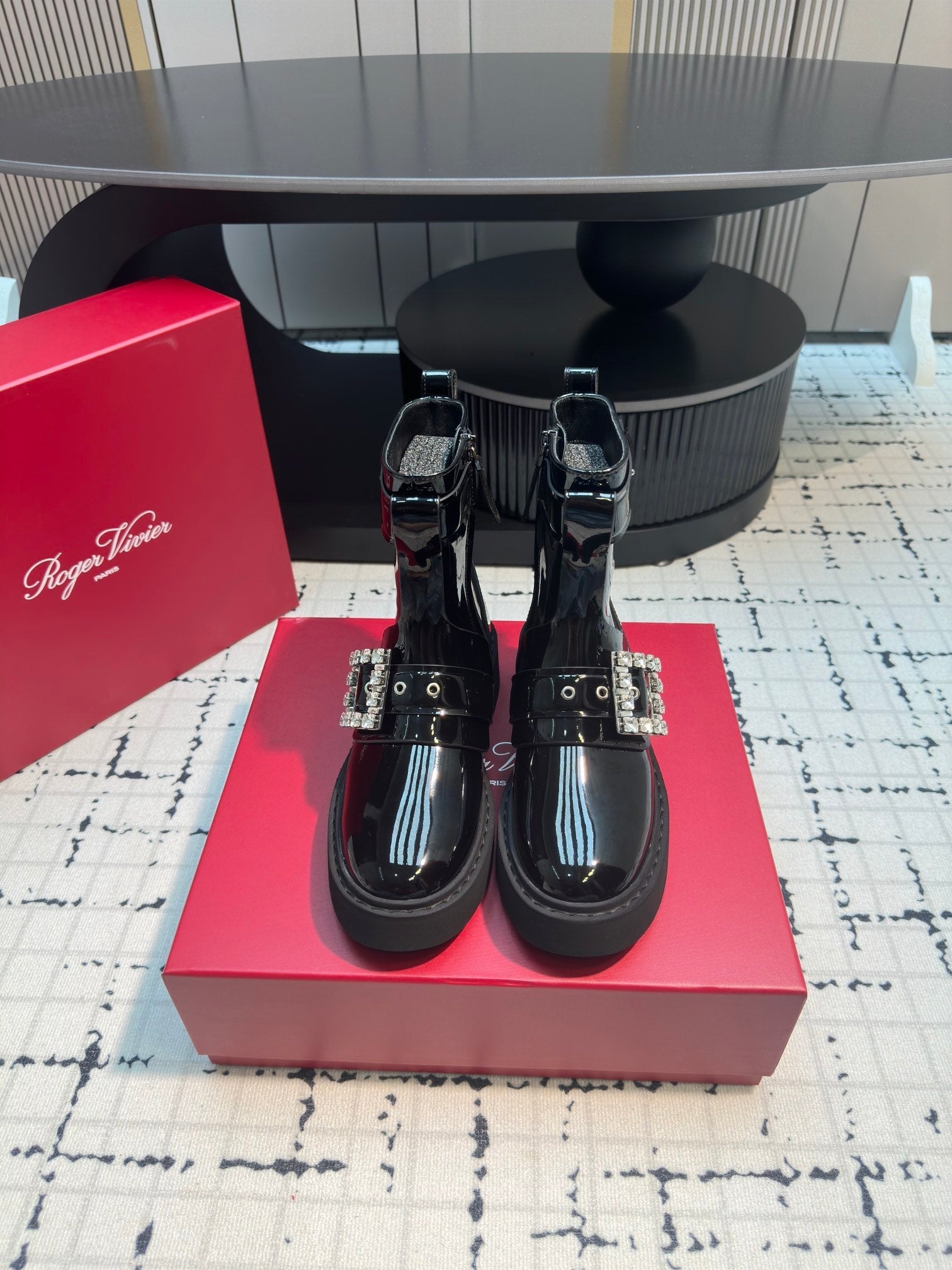 VIV' RANGERS BIKER BOOTIES IN BLACK PATENT CALFSKIN WITH METAL BUCKLE