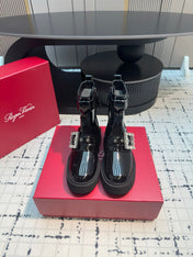 VIV' RANGERS BIKER BOOTIES IN BLACK PATENT CALFSKIN WITH METAL BUCKLE