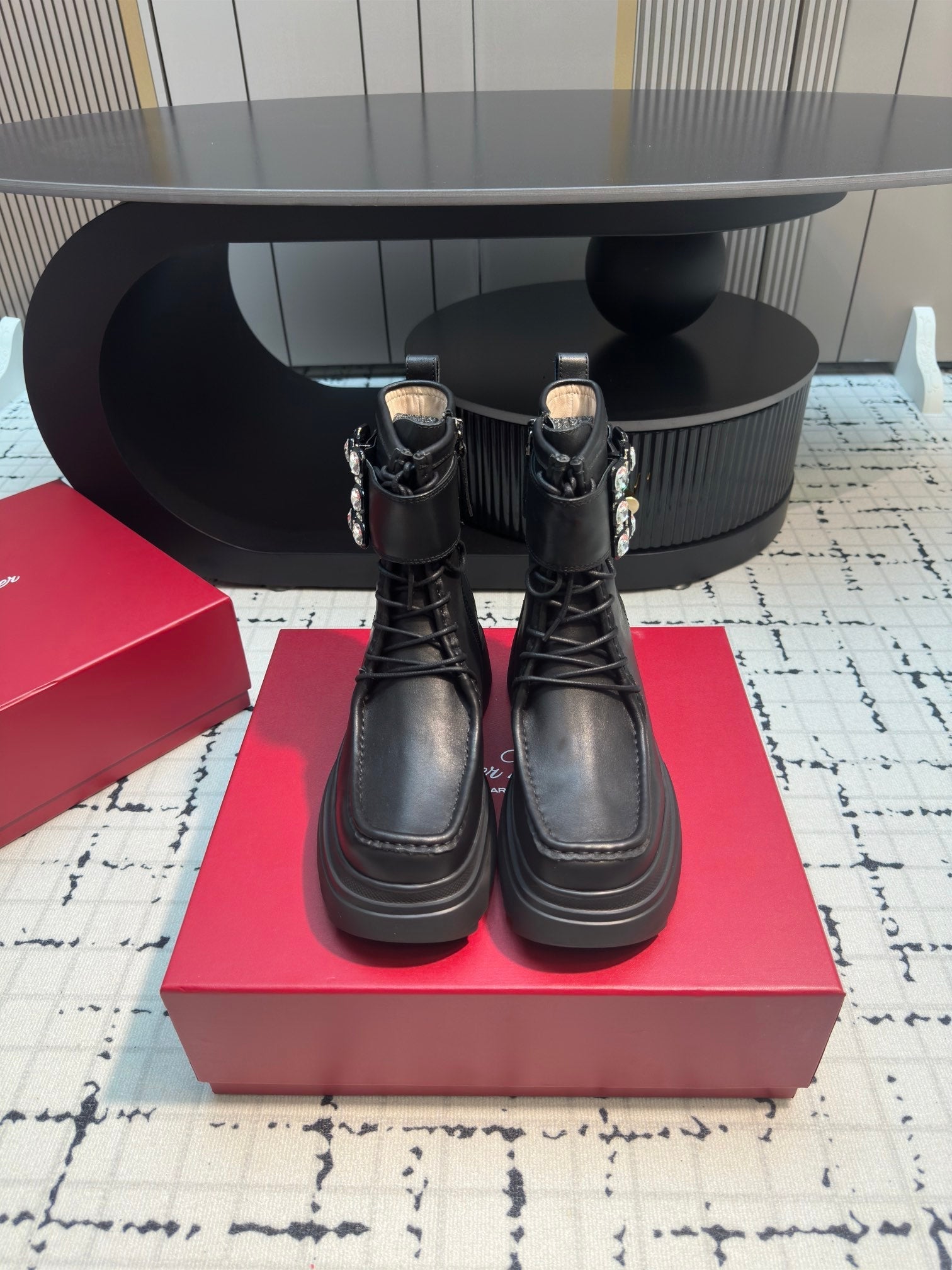 VIV' RANGERS ANKLE BOOTS IN BLACK CALFSKIN STRASS BUCKLE