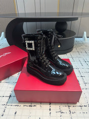 VIV' RANGERS STRASS BUCKLE BOOTS IN BLACK PATNET CALFSKIN EMBELLISHED BUCKLE