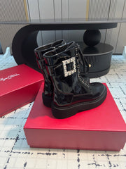 VIV' RANGERS STRASS BUCKLE BOOTS IN BLACK PATNET CALFSKIN EMBELLISHED BUCKLE