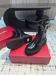 VIV' RANGERS STRASS BUCKLE BOOTS IN BLACK PATNET CALFSKIN EMBELLISHED BUCKLE