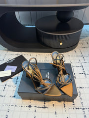 HIGH HEEL SANDALS WITH SHINY RHINESTONES STRAP IN GOLDEN BROWN SILK